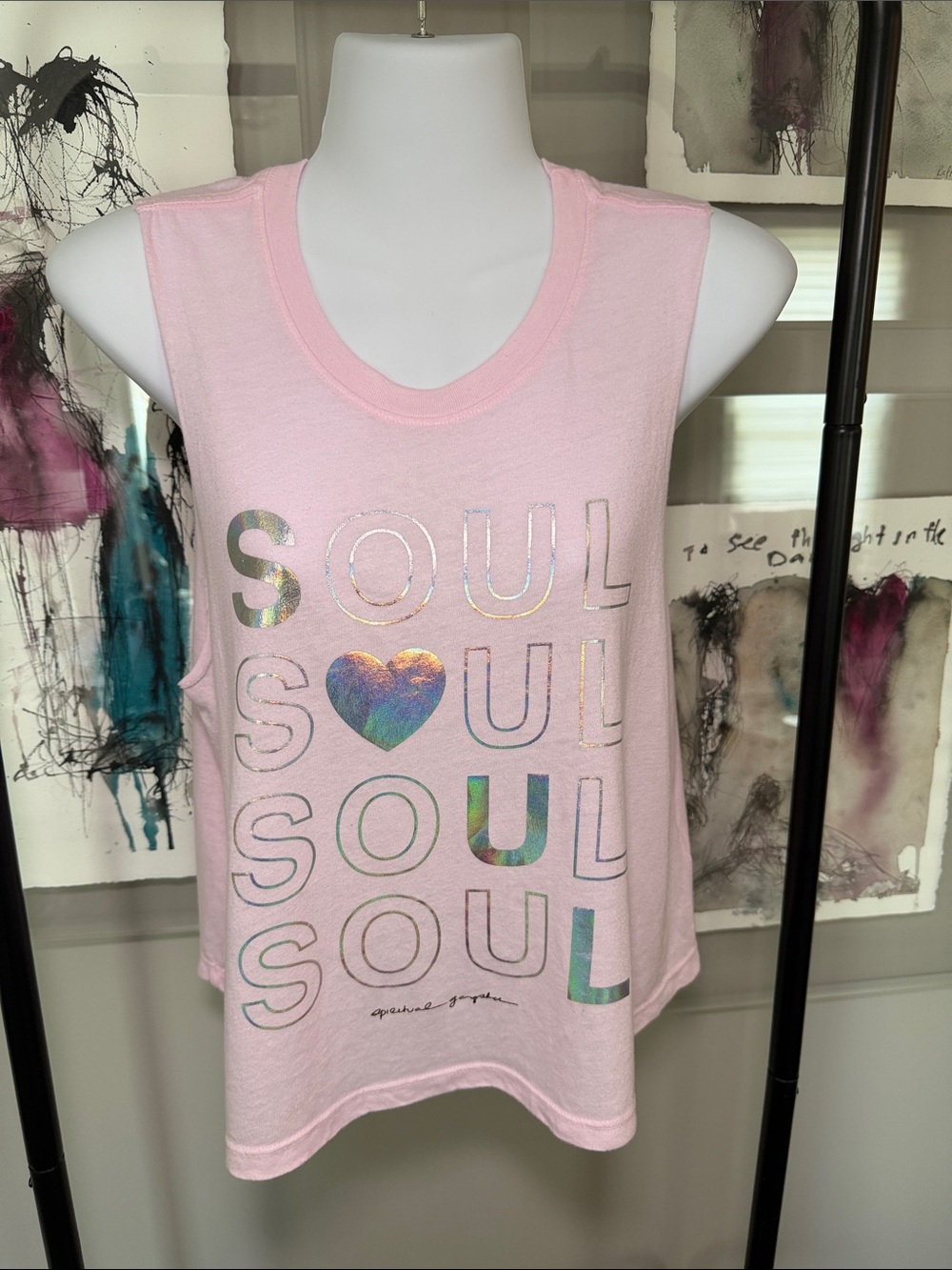 Soul Cycle x Spiritual Gangster Pink Holographic 'SOUL' Muscle Tee